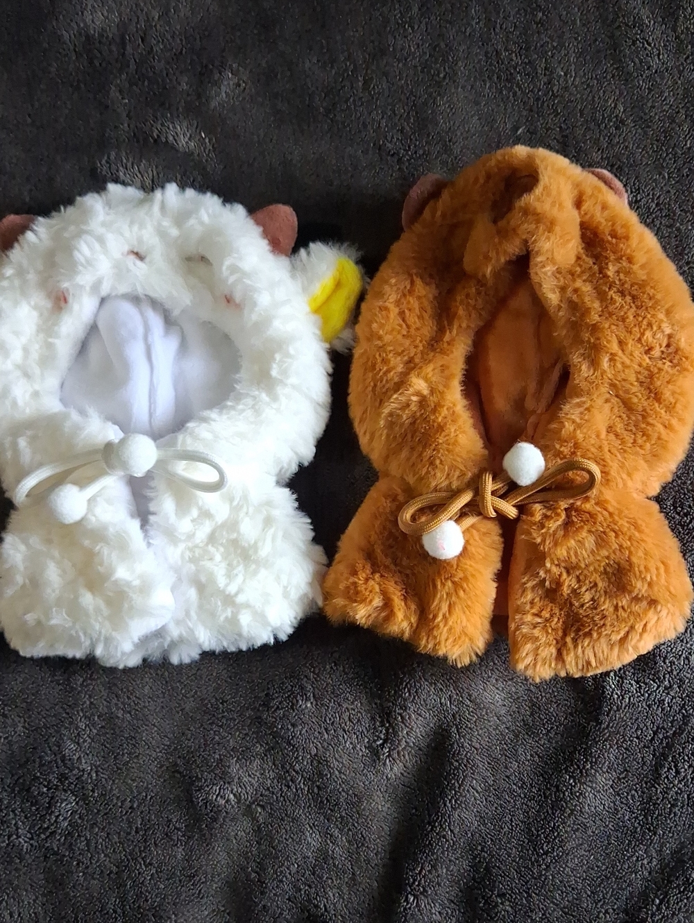 Plush Kids Hooded Scarf with Pom Pom Tie - White and Brown